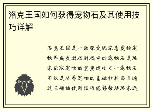 洛克王国如何获得宠物石及其使用技巧详解