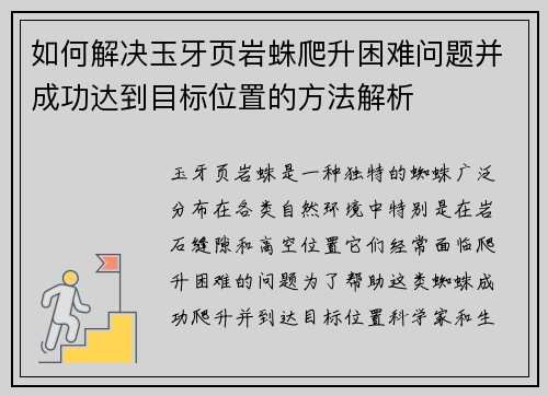 如何解决玉牙页岩蛛爬升困难问题并成功达到目标位置的方法解析 如何解决玉牙页岩蛛爬升困难问题并成功达到目标位置的方法解析